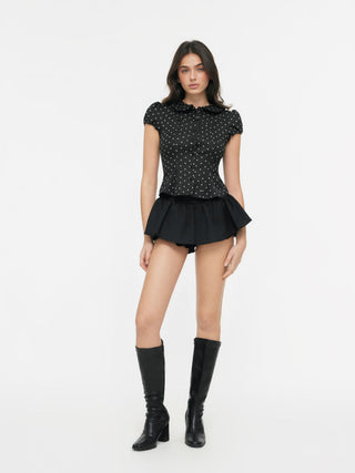 Polka Dot Peter Pan Collar Puff Sleeve Cropped Top