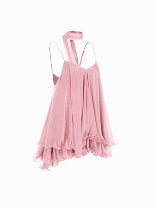 Sequin V-Neck Halter Ruffled Hem Oversized Mini Dress With Scarf