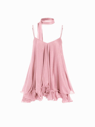 Sequin V-Neck Halter Ruffled Hem Oversized Mini Dress With Scarf