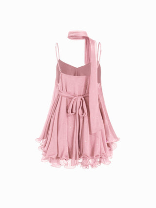 Sequin V-Neck Halter Ruffled Hem Oversized Mini Dress With Scarf