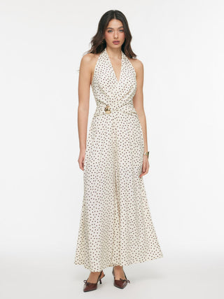 Halter Neckline Polka Dot Ruched Metal Detail Wide Leg Jumpsuit