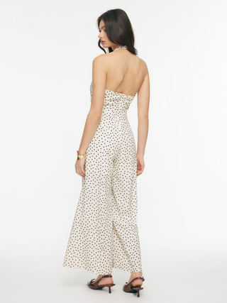 Halter Neckline Polka Dot Ruched Metal Detail Wide Leg Jumpsuit