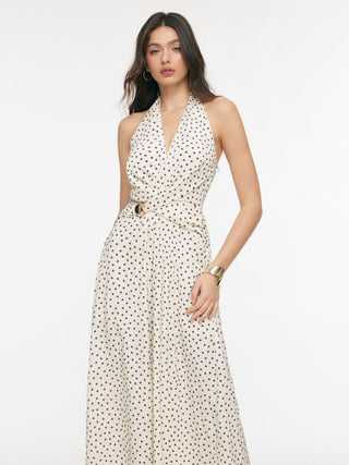 Halter Neckline Polka Dot Ruched Metal Detail Wide Leg Jumpsuit