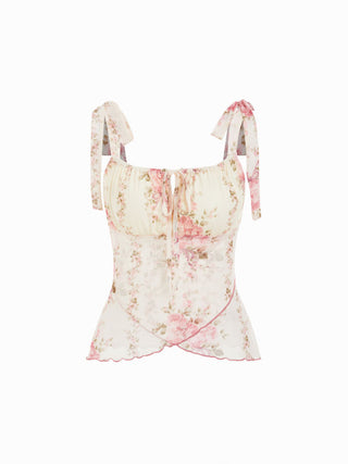 Mesh Mesh Floral Bowknot Cami Top & Mid Rise Maxi Skirt Set For Vacation
