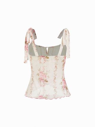 Mesh Mesh Floral Bowknot Cami Top & Mid Rise Maxi Skirt Set For Vacation