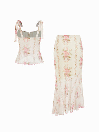 Mesh Mesh Floral Bowknot Cami Top & Mid Rise Maxi Skirt Set For Vacation