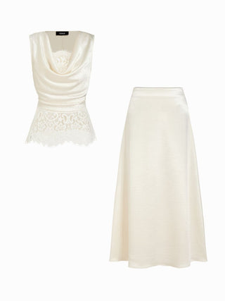 Satin Cowl Neck Lace Panel Top & Mid Rise Flared Maxi Skirt Set