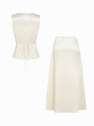 Satin Cowl Neck Lace Panel Top & Mid Rise Flared Maxi Skirt Set