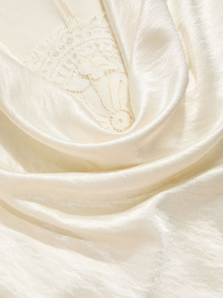 Satin Cowl Neck Lace Panel Top & Mid Rise Flared Maxi Skirt Set