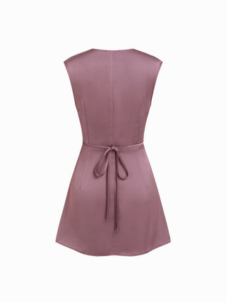 Satin V-neck Ruched Knotted Tie Back Mini Dress
