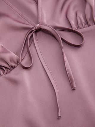 Satin V-neck Ruched Knotted Tie Back Mini Dress