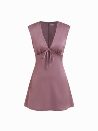 Satin V-neck Ruched Knotted Tie Back Mini Dress