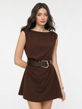 Boat Neck Ruched Belted A-line Mini Dress