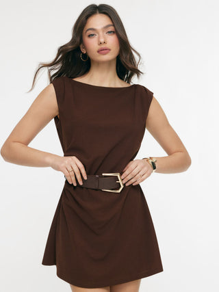 Boat Neck Ruched Belted A-line Mini Dress