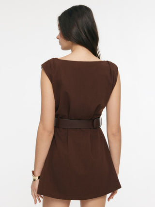 Boat Neck Ruched Belted A-line Mini Dress