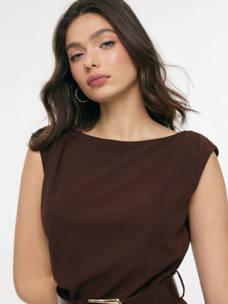 Boat Neck Ruched Belted A-line Mini Dress