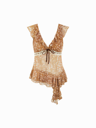 Chiffon Chiffon Deer Print V-neck Ruffle Cami Top For Daily Casual Holiday