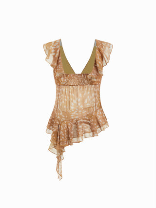 Chiffon Chiffon Deer Print V-neck Ruffle Cami Top For Daily Casual Holiday