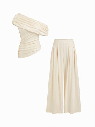 Asymmetrical Neck Ruched Top & Mid Rise Wide Leg Trousers Set