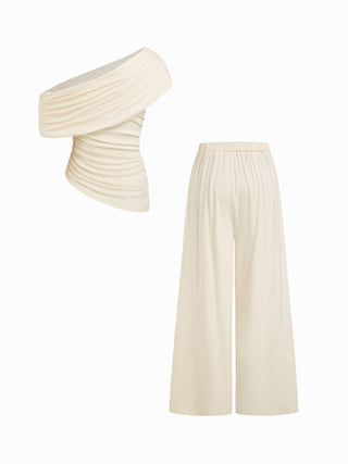 Asymmetrical Neck Ruched Top & Mid Rise Wide Leg Trousers Set