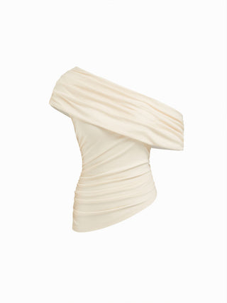 Asymmetrical Neck Ruched Top & Mid Rise Wide Leg Trousers Set