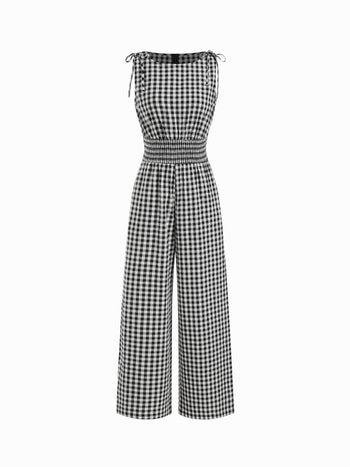 Cotton Gingham Boat Neck Drawstring Wide Leg Jumpsuit