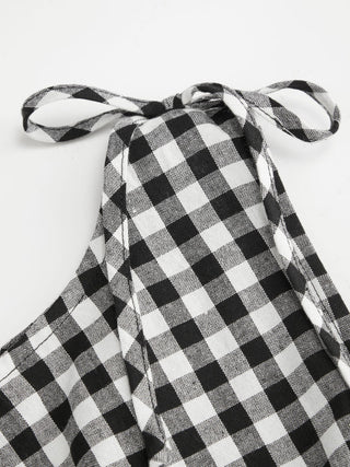 Cotton Gingham Boat Neck Drawstring Wide Leg Jumpsuit
