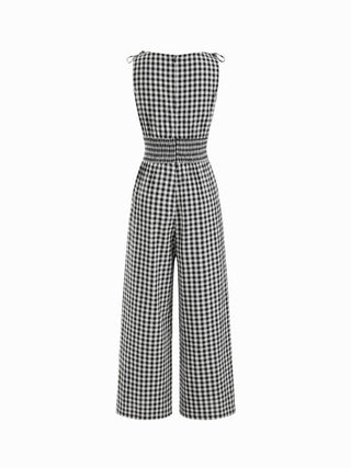Cotton Gingham Boat Neck Drawstring Wide Leg Jumpsuit