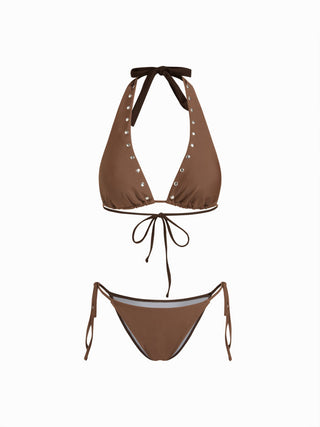 Knit Fabric Halter Neckline Rivet Knotted 3 Piece Bikini Set With Shorts For Vacation Swimming Pool Beach