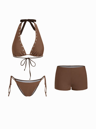 Knit Fabric Halter Neckline Rivet Knotted 3 Piece Bikini Set With Shorts For Vacation Swimming Pool Beach