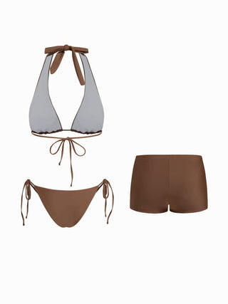 Knit Fabric Halter Neckline Rivet Knotted 3 Piece Bikini Set With Shorts For Vacation Swimming Pool Beach
