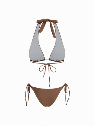 Knit Fabric Halter Neckline Rivet Knotted 3 Piece Bikini Set With Shorts For Vacation Swimming Pool Beach