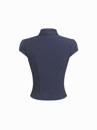 Striped Stand Collar Cut Out Blouse With Scarf