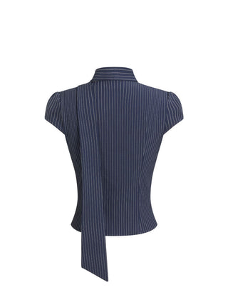 Striped Stand Collar Cut Out Blouse With Scarf