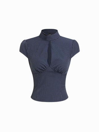 Striped Stand Collar Cut Out Blouse With Scarf