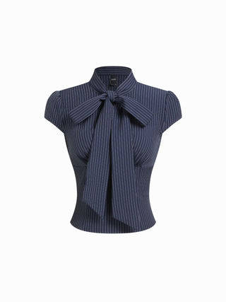 Striped Stand Collar Cut Out Blouse With Scarf