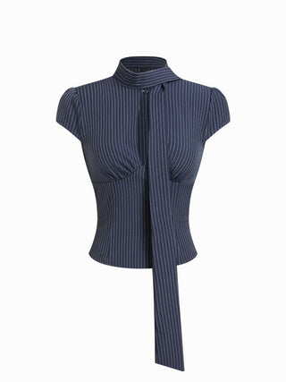 Striped Stand Collar Cut Out Blouse With Scarf