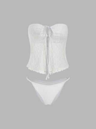 Lace Halter Neck Ruched Three-Piece Bikini Set With Maxi Skirt