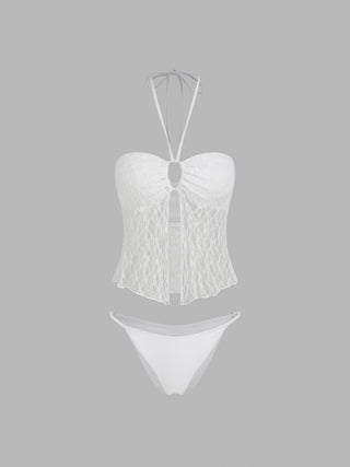 Lace Halter Neck Ruched Three-Piece Bikini Set With Maxi Skirt