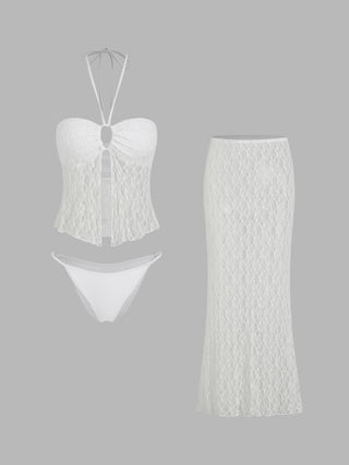 Lace Halter Neck Ruched Three-Piece Bikini Set With Maxi Skirt