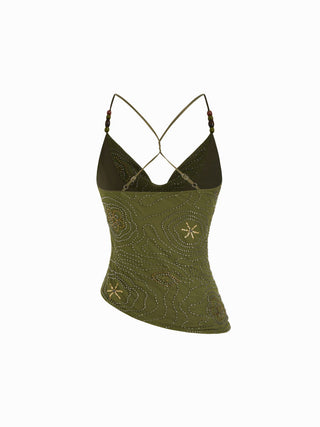 Mesh Mesh Cowl Neck Floral Beading Sequin Cami Top For Daily Casual Coffee Shop Vacation