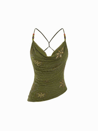 Mesh Mesh Cowl Neck Floral Beading Sequin Cami Top For Daily Casual Coffee Shop Vacation