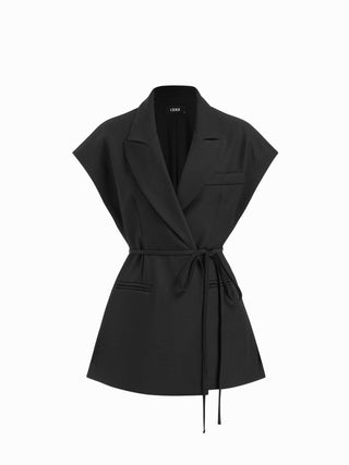 Woven Collar Oversized Belted Sleeveless Blazer Vest For Daily Casual Work