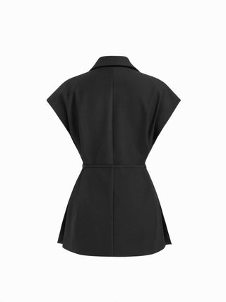 Woven Collar Oversized Belted Sleeveless Blazer Vest For Daily Casual Work