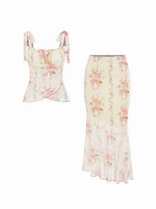 Mesh Mesh Floral Bowknot Cami Top & Mid Rise Maxi Skirt Set For Vacation