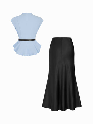 Stand Collar Cinched Waist Top With Belt & Zipper Mermaid Maxi Skirt Set