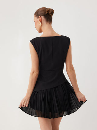 Boat Neck Pleated A-line Mini Dress