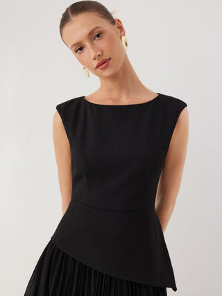 Boat Neck Pleated A-line Mini Dress