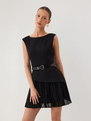 Boat Neck Pleated A-line Mini Dress