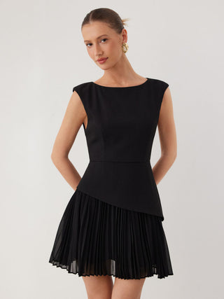 Boat Neck Pleated A-line Mini Dress